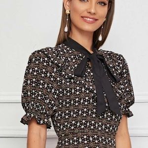 Floral print tie neck mermaid dress